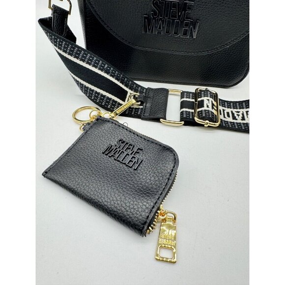 STEVE MADDEN flap satchel crossbody web strap + mini cardcase -Black 2 Piece set - Picture 6 of 11